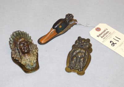 3 Cast Iron Figural Paper Clips