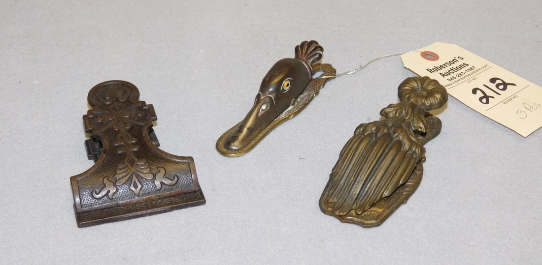 3 Cast Iron Figural Paper Clips: 3 Cast Iron Figural Paper Clips Incl. a 5"H Mallard Duck & 2 Florals- 4 1/2" x 5"H in VG Cond.