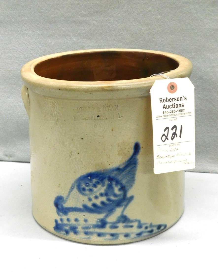 2 Gal. Decorated Brady & Ryan Crock: 2 Gal. Brady & Ryan Crock Ellenville, NY w/Chicken Pickin' Decoration in VG Cond. - 9"H