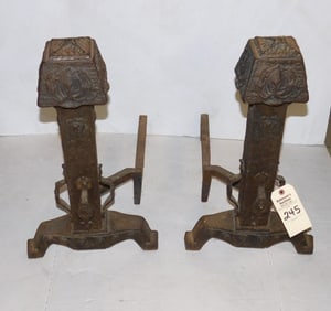 Pr. Gothic Arts & Crafts Cast Iron Andirons