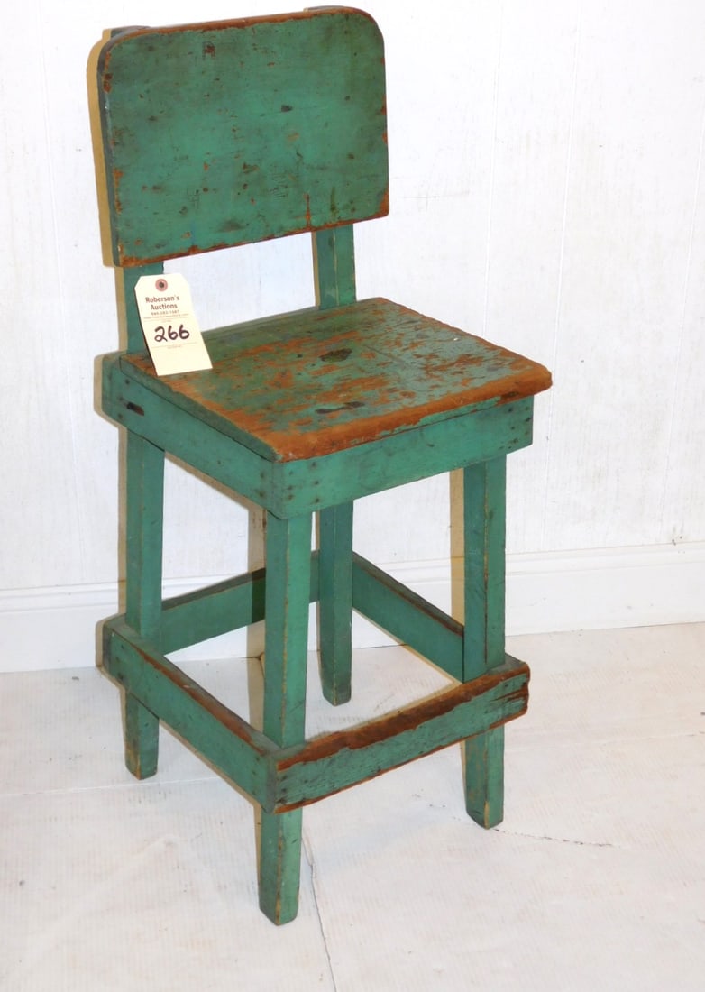 Early Pine Tall Chair: Early Pine Tall Chair in Green Paint in GD Cond. - 37"H x 14"W x 15"D