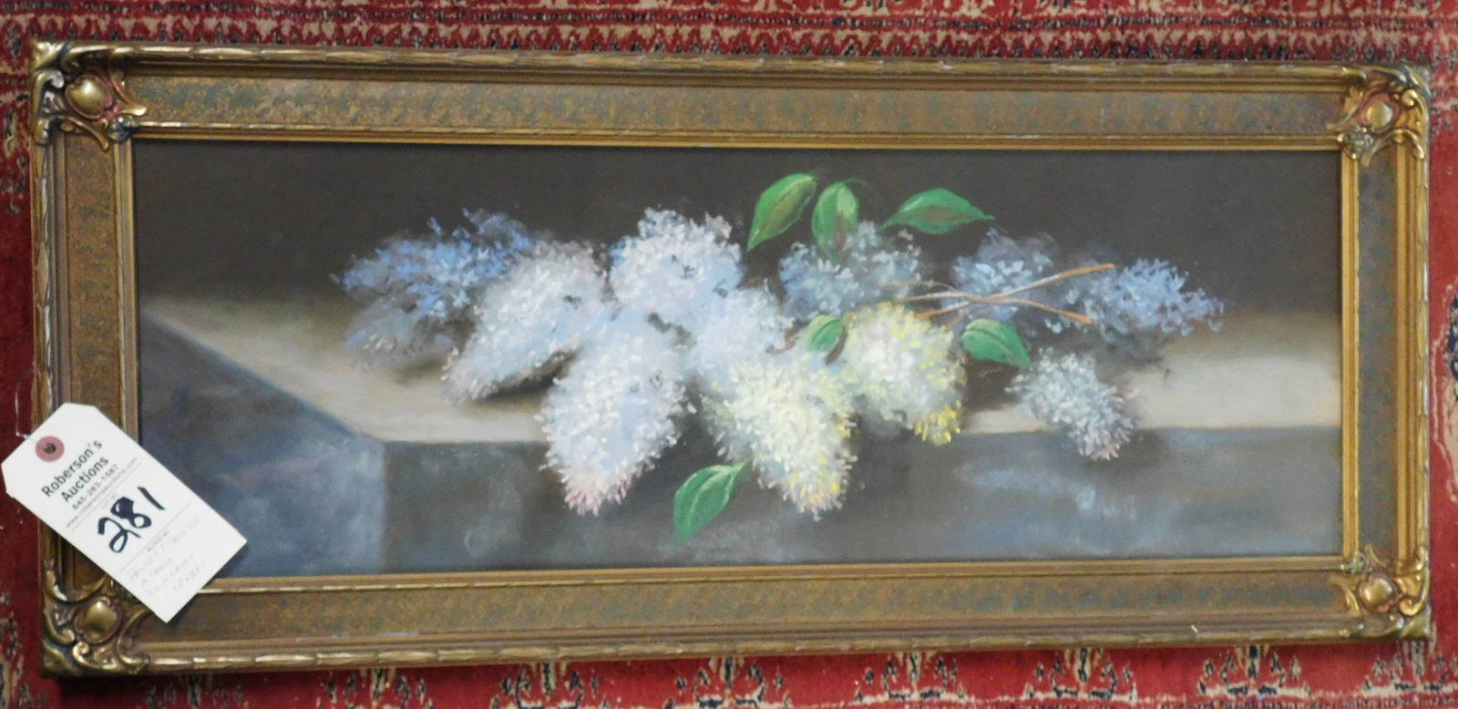 10x28 Pastel on Paper by H.Lewis: 10"x28" Pastel on Paper by H.Lewis 1915 Untitled Shows Lilacs on Table in VG Cond. - 13 3/4" x 31 3/4" w/Frame