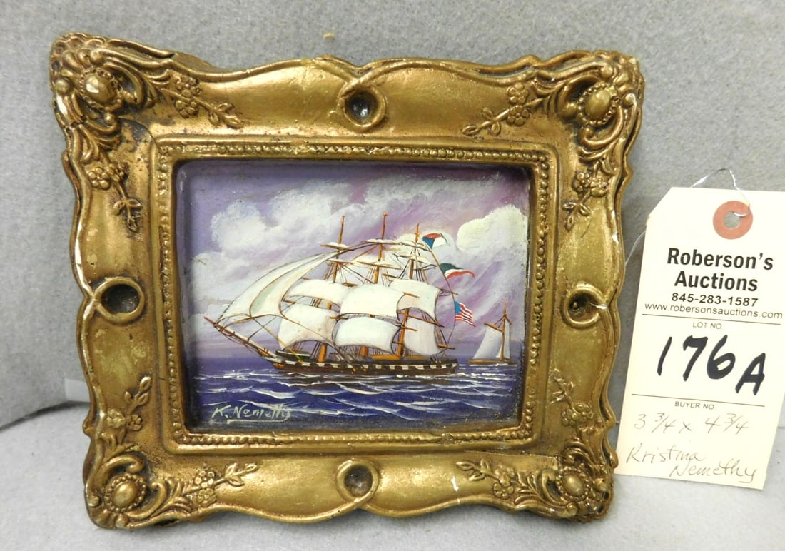 Sm. O/B of Masted Ship Signed K. Nemethy: Sm. O/B of Masted Ship Signed Kristina Nemethy in VG Cond.