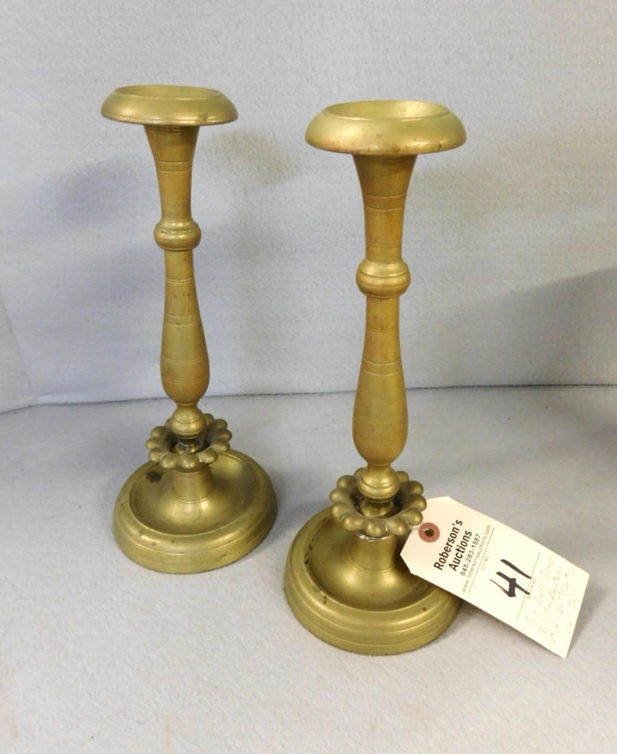 Pr. Bell Brass Tall Candlesticks: Pr. Tall Bell Brass Candlesticks, Mid 20th C.. 12" Tall. GD Cond. - 5"W x 13"H