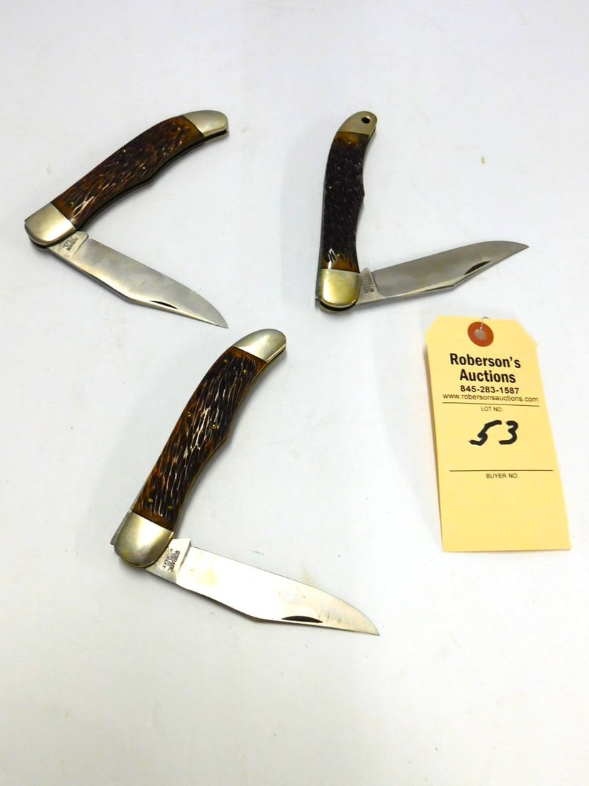 3 Lg. Schrade Cut Co. Folding Knives: 3 Lg. Schrade Cut Co. Folding Knives w/Peach Seed Bone Handles (No Damage) in VG Cond., All Are 5 3/16"L