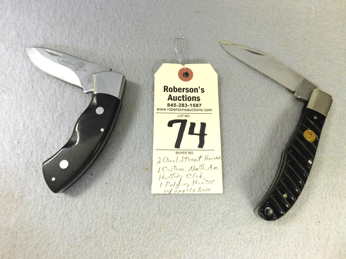 2 Canal St. Cut. Knives: 2 Canal St. Cut. Knives: 1 Custom North American Hunting Club Knife; 1 Folding Hunter Knife Impala Bone Handles in GD Cond. Knives - 4 1/2"L & 5 1/4"L