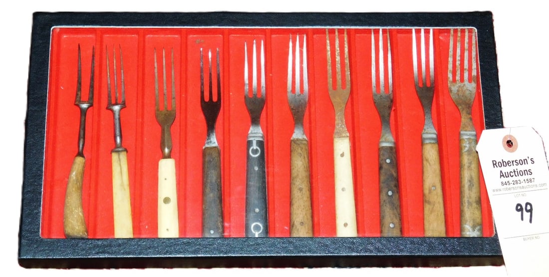 Collection of 10 Early Forks: Collection of 10 Early Forks of Various Patterns Late 19th or Early 20th Century in GD Cond. - Case: 14 1/2"W x 8"D x 1"H.