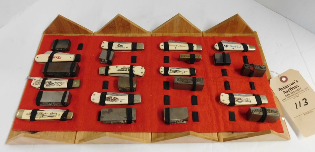Variety of 10 Schrade Scrimshaw Knives: Variety of 10 Schrade Scrimshaw Knives w/Steel Scrimshaw Stamps in Wooden Folding Case in GD Cond.- Case: 10"W x 5 1/2"D x 5 1/2"H..