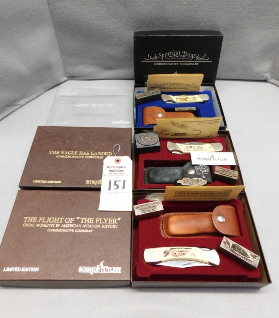 3 - Schrade Knives & Factory Hotstamps: 3 - Schrade Scrimshaw Boxed Knives with Original Factory Hotstamps in GD Cond., Ea. Box - 6 1/4"D x 8 3/4"W x 2"H.