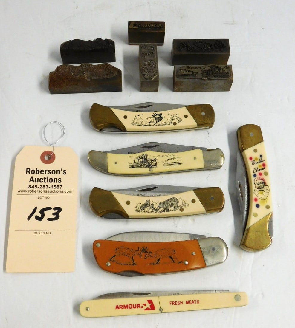 6 Assorted Schrade Folding Knives: 6 Assorted Schrade Folding Knives w/Original Scrimshaw Iron Stamps in GD Cond. - Knives Range from 4 3/4L. to 5 3/4L.; Stamps: 1 1/2" to- 3".W.