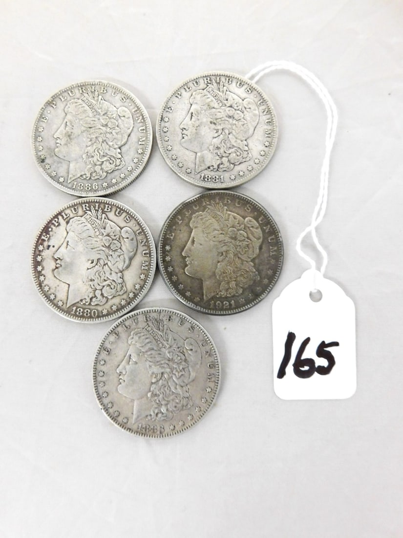 Five Morgan Silver Dollar Coins (1 of 2)