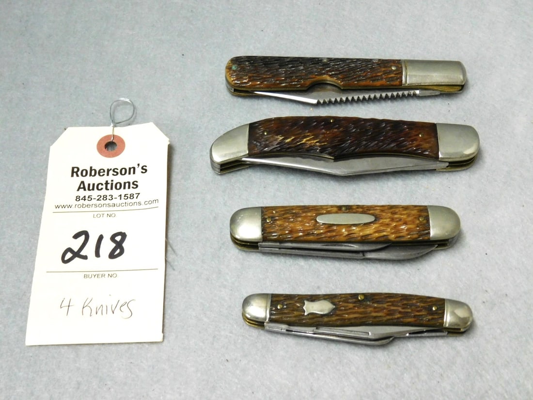 4 Schrade Folding Knives: 4 Schrade Folding Knives - All Have Peach Seed Bone Handles, No Cracks in GD Cond. - Knives Range From: 4" to 5 1/4"L.