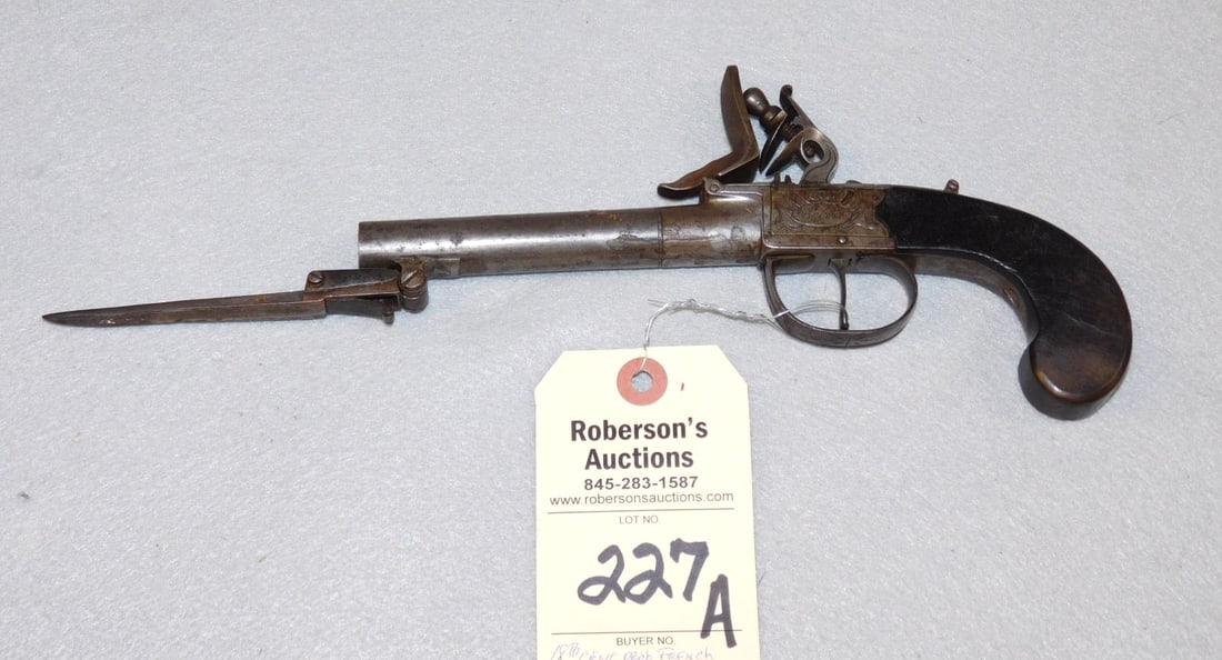 18th C. Prob. French Flintlock Pistol: 18th C. Prob. French Flintlock Pistol w/Spring Bayonet, Engraved "Bobbit" 2 Touch Marks on Bottom of Barrel/ DL On Bayonet in GD Cond. - 12"L x 3 1/2"H.