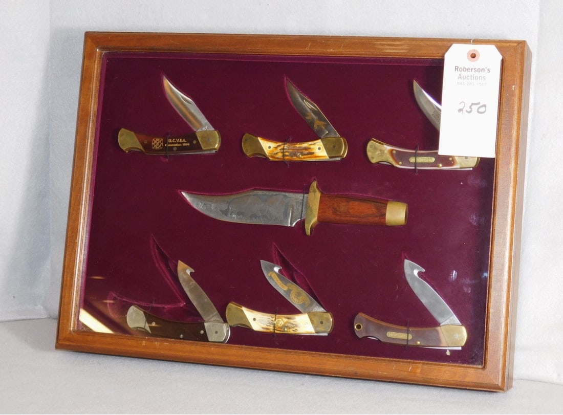 Schrade Display Case w/7 Knives: Schrade Display Case w/7 Knives incl. 1 Aurum Etched Bowie Knife; 4 -167 Knives & 2 Old Timer Lok- Backs in GD Cond., Case - 20 3/4"W x 15"W x 3"H