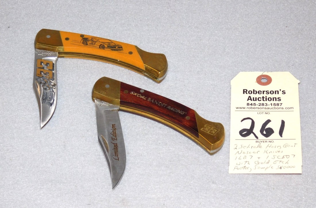 2 - Schrade Harry Gant Nascar Knives: 2 - Schrade Harry Gant Nascar Knives 1- 1B7, 1- SC507 W/Gold Etching (Factory Sample) Ser #0000 in GD Cond., Each 5"L.