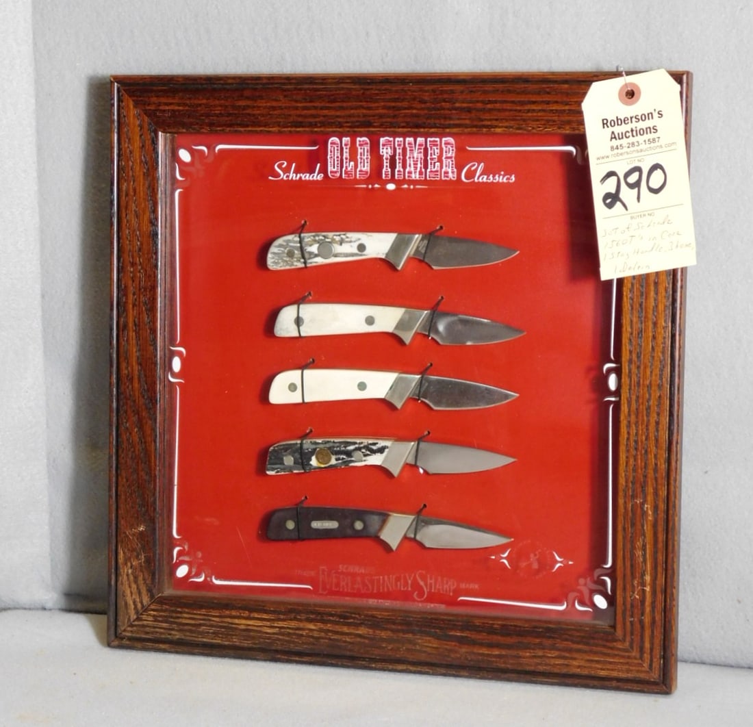 Display of 5 Schrade Knives: Wall Display of 5 Schrade Knives Incl.1 Stag, 3 Bone, 1 Delrin; Case - 15"H x 15"W x 1 3/4"D.