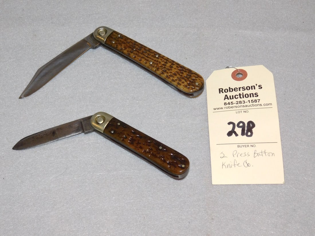 2 - Press Button Knife Co. Single Blade Knives: 2 - Press Buttons Knife Co. Single Blade Knives Incl. 1- 4 7/8", 1-3 7/8", Both Have Bone Handles (No Cracks) in GD Cond. 4"L & 5"L.