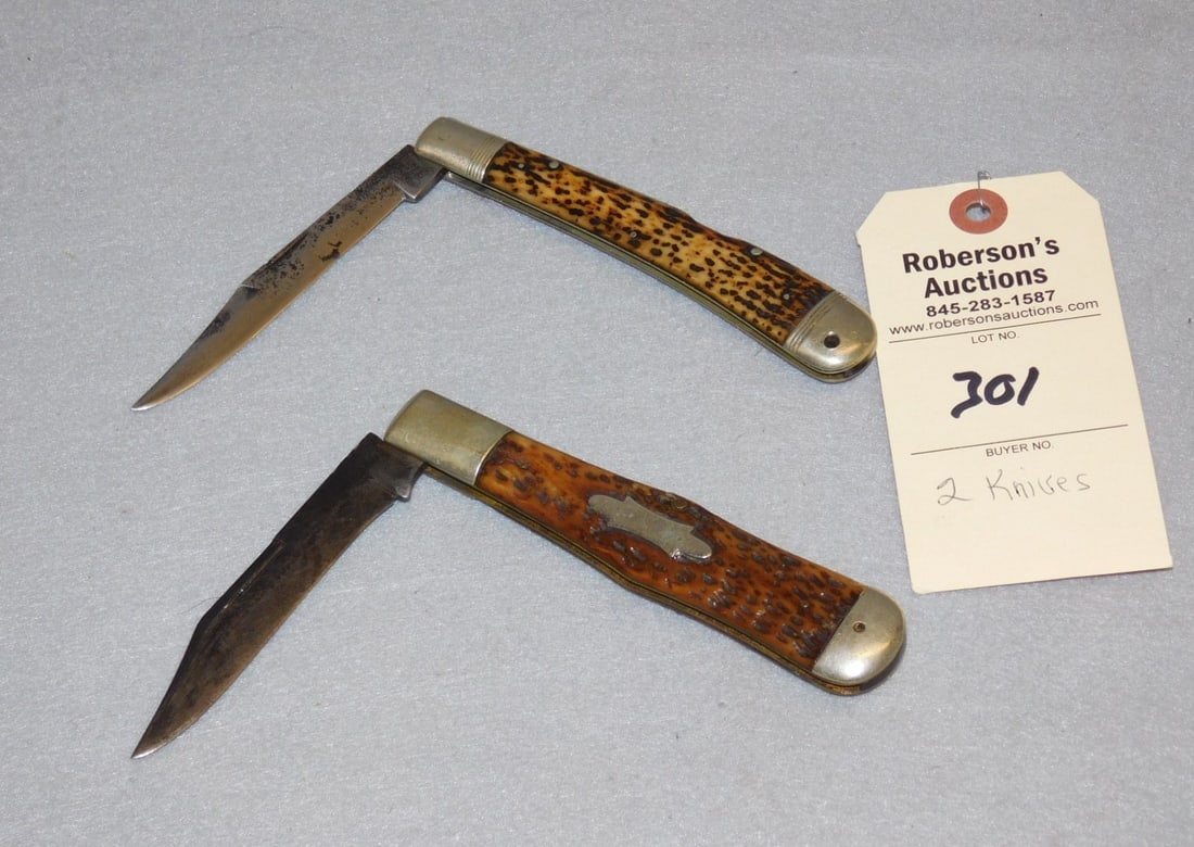 2 - Keen Cutlery Single Blade Knives: 2 - Keen Cutlery (Napanoch) Single Blade Knives w/ Bone Handles (1- Banana, 1- Coke Bottle) - Ea. 4 1/4"L