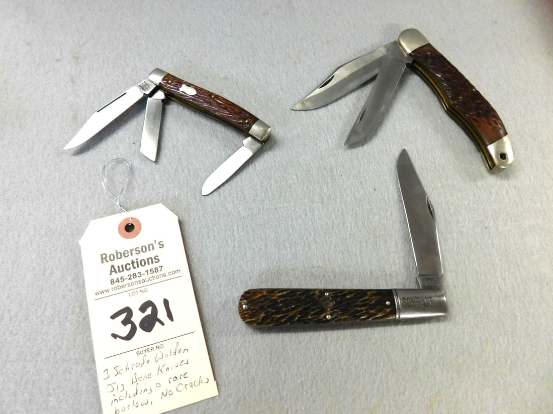 3 - Schrade Walden Jig Bone Knives: 3 - Schrade Walden Jig Bone Knives Including a Rose Barlow, No Cracks in GD Cond. - Knives - 5"L; 5 1/4"L; 5 1/2"L