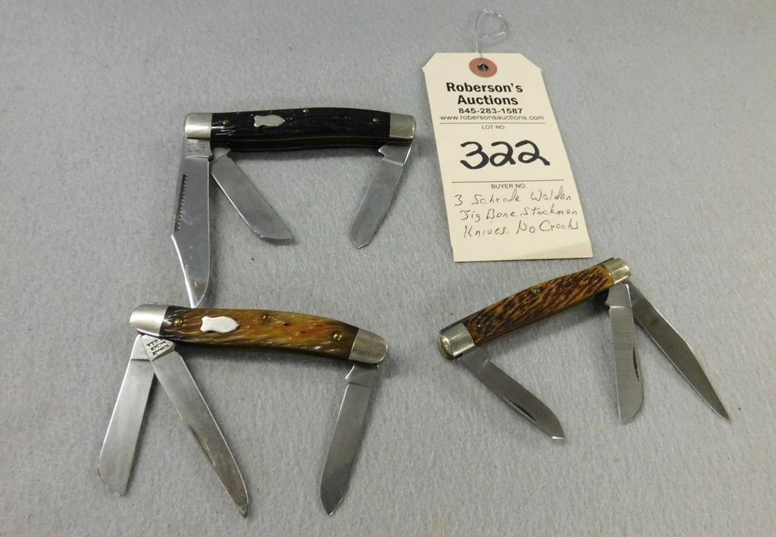 3 - Schrade Walden Stockman Knives: 3 - Schrade Walden Stockman Knives w/ Jig Bone Handles; No Cracks in GD Cond. - 4"L. ; 3 3/8"L; 3 3/4"L