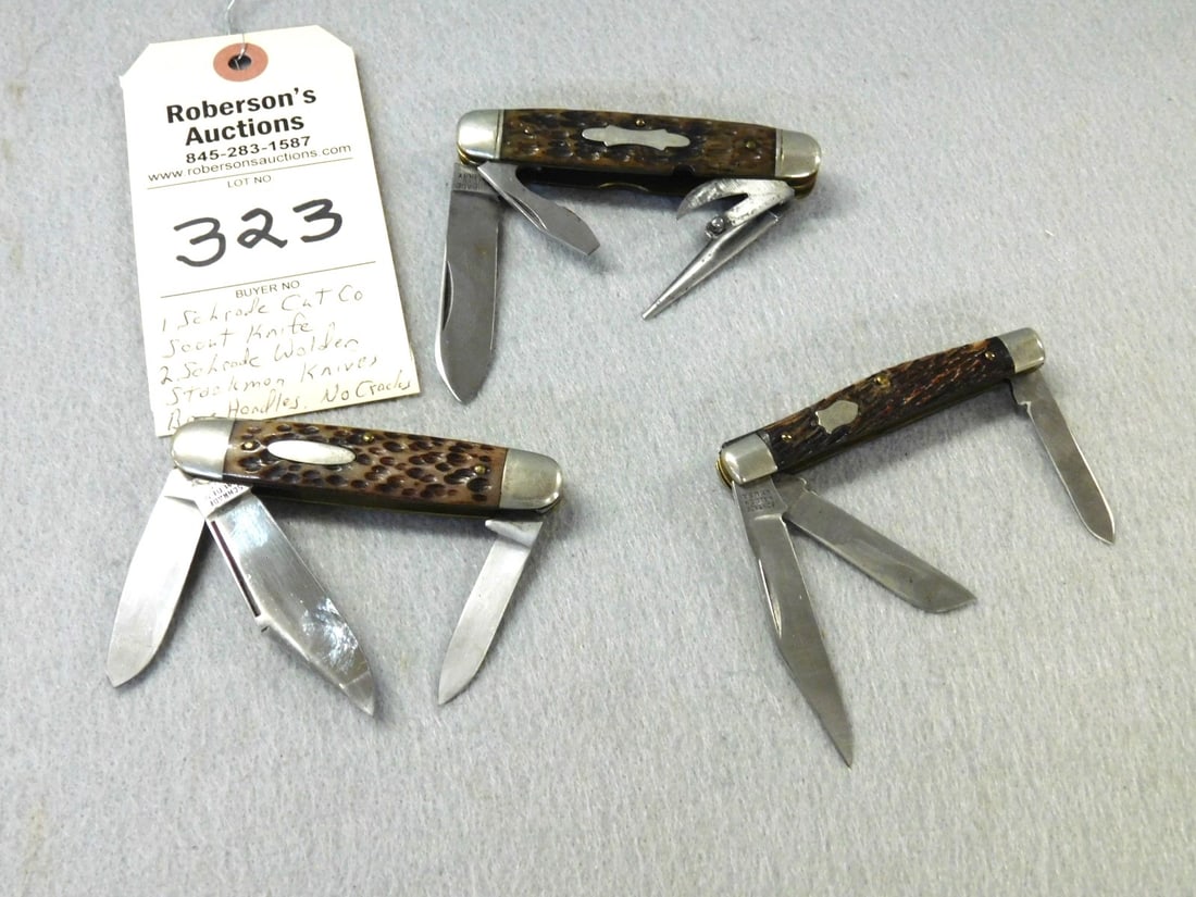 3 - Schrade Knives: 3 - Schrade Knives incl. 1-Schrade Cut. Co. Scout Knife; 2 - Schrade Walden Stockman Knives w/ Bone Handles, No Cracks in GD Cond. - All 3 3/18"L.