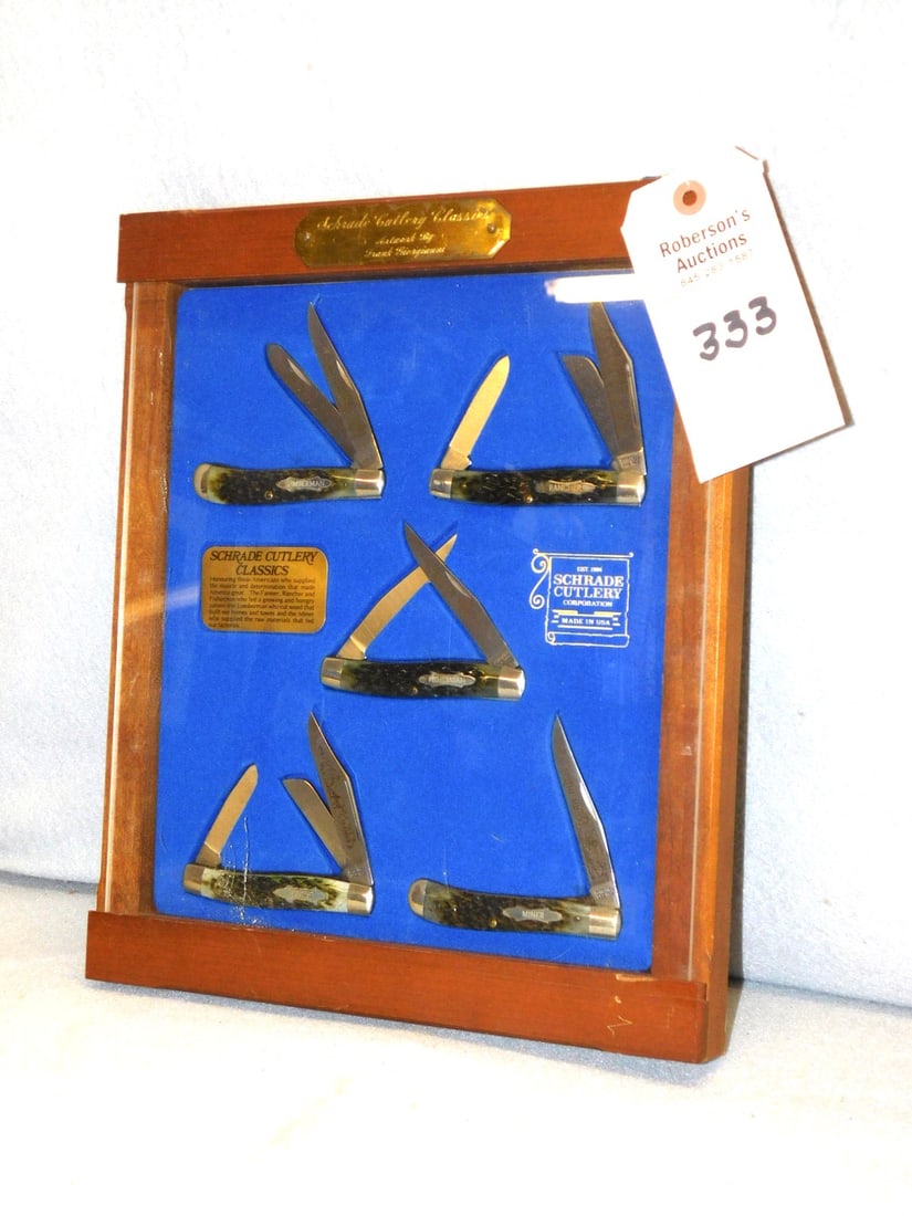 Schrade Cutlery 5 Knife Cased Classic Set: Schrade Cutlery 5 Knife Cased Classic Set, Knives w/Etched Blades & Green Bone Handles in a Shadowbox Serial # G1368 by Frank Giorgainni in Gd Cond. Case - 11 3/4"W x 11 3/4"H x 1 1/4"D