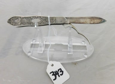 Fancy Engraved Silver Single Blade Knife