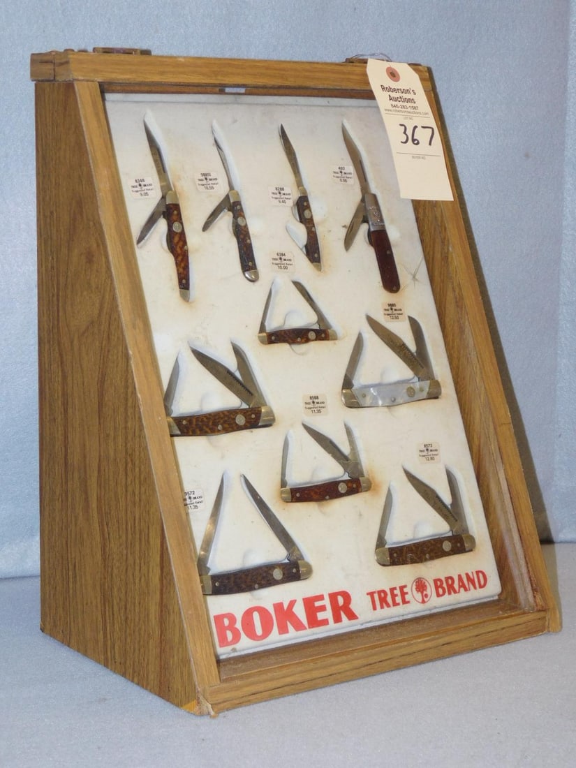 Boker Tree Brand 10 Knives Store Display: Boker Tree Brand Slant Front Store Display w/ 10 Folding Knives, Most w/ Bone Handles, C. Early 70's in GD Cond. - Case - 17"L x 13 1/4"W x 9"D.