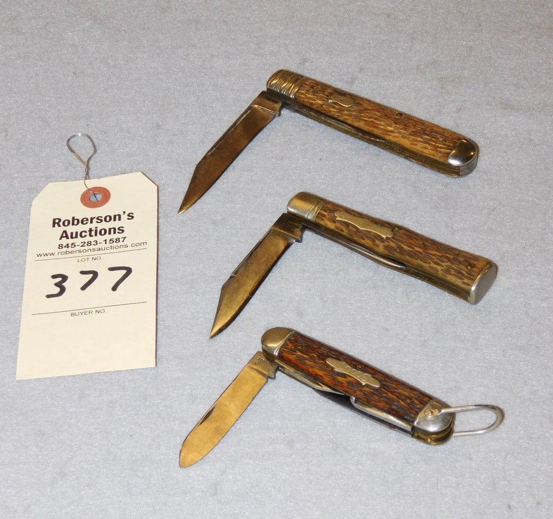 3 - Schrade Cut Co. Knives: 3 - Schrade Cut Co. Knives Incl. a Swell Center Jack, a Fancy English Jack & a Scout Knife, All with Bone Handles - Ranging: 3 3/4"L. to 4 1/2"L