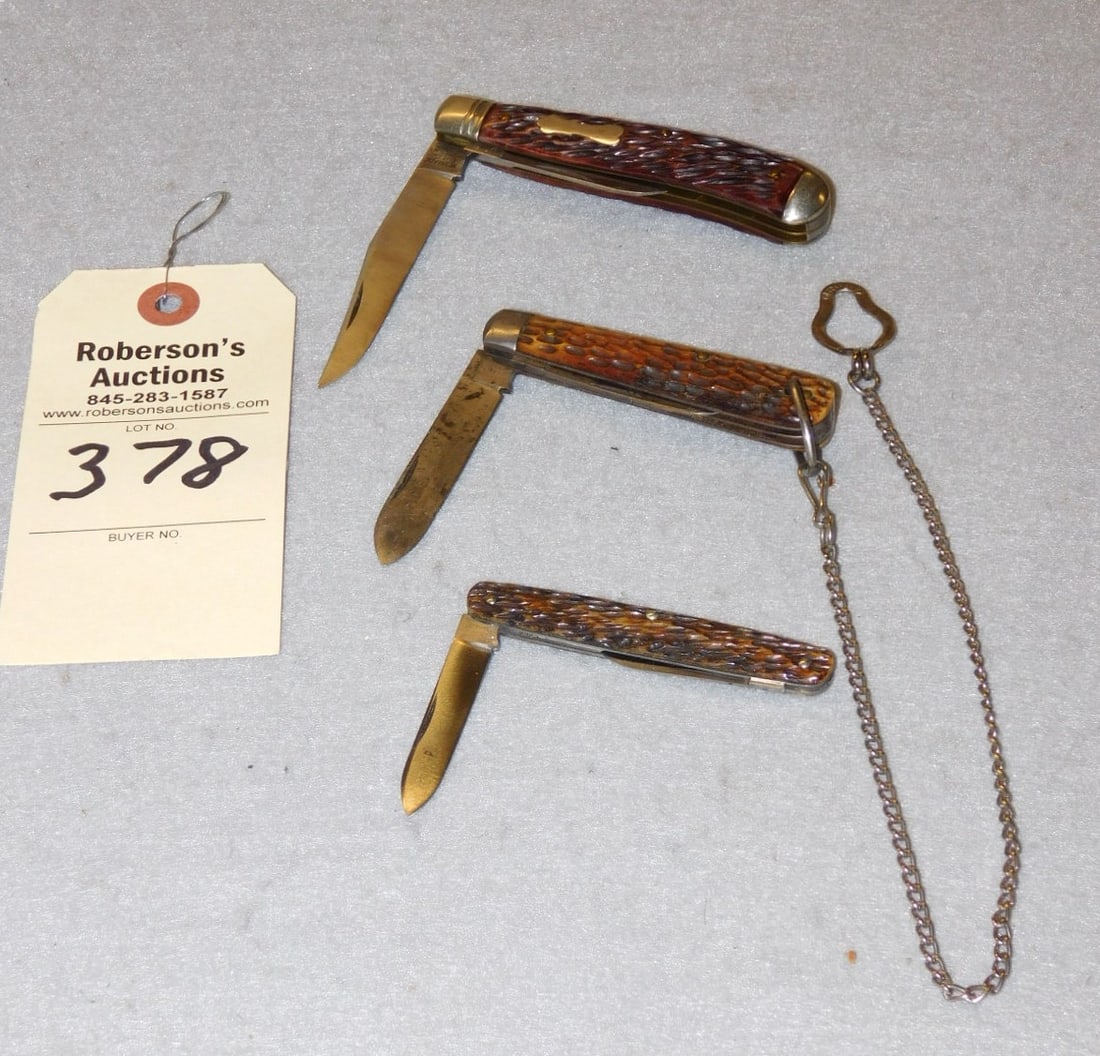 3 - Schrade Cut Co. Pocketknives: 3 - Schrade Cut Co. Pocketknives Incl. 1 Boy's Knife w/Chain,1 Trapper, Etc., All Bone Handles in GD Cond. - Knives; 3"L.-4"L