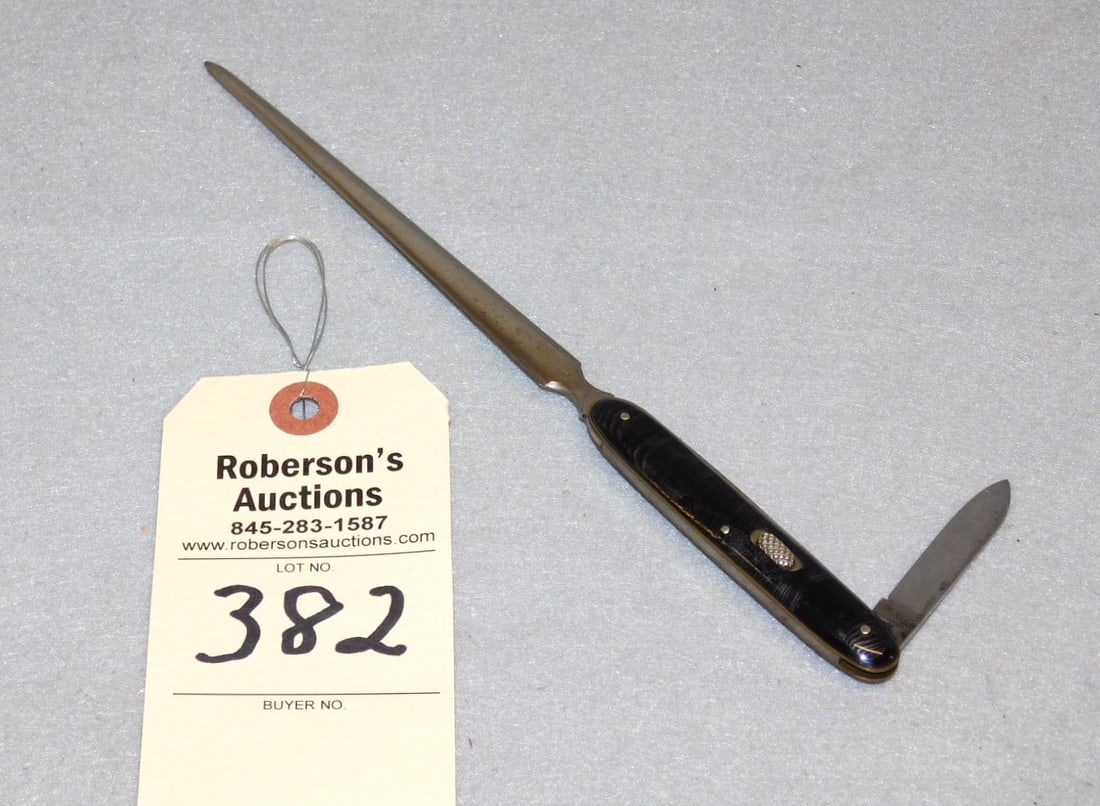 Flylock Letter Opener: Flylock Automatic Letter Opener w/ Single Blade w/ Black Swirl Handles in GD Cond. - 9"L