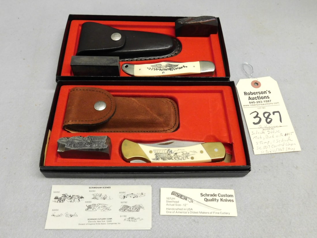2 - Schrade Scrimshaw Scene Knives: 2 - Schrade Scrimshaw Scene Knives & Hot Stamps incl. 1- Schrade 260 SC Moby Dick Knife in Box w/Original Hot Stamp; 1 - Schrade SC 507 Covered Wagon Knife in Box w/Sheath & Hot Stamp in GD Cond. Case