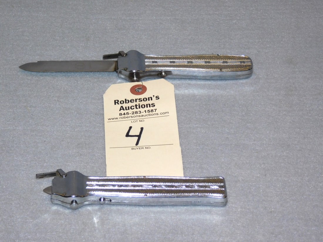 2 - Bonsa Rosfrei Trap Door Knives: 2 - Bonsa Rosfrei Trap Door Automatic Knives in VG Cond. 1) 5 1/4in. Closed; 1 - 4 3/4in.; 1) - 5 1/4" - Does Not Spring Open