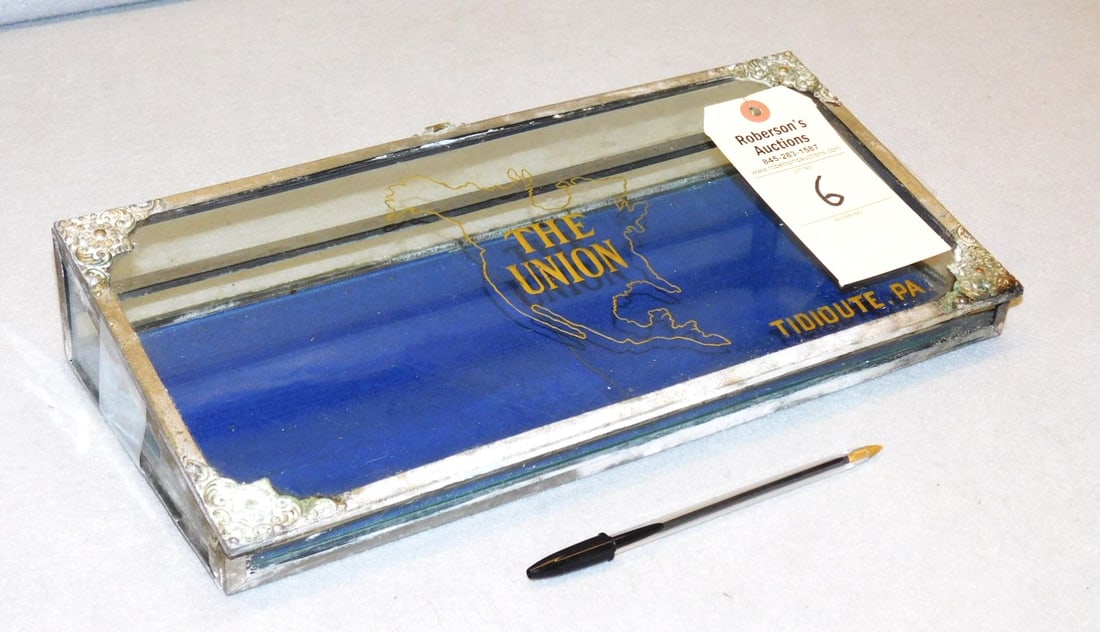 Union Tidioute PA Glass Display Case: Union Tidioute PA Glass Display Case C. 1890's in Gd. Cond. (Hinge Broken) - 7 in. x14 1/2in.