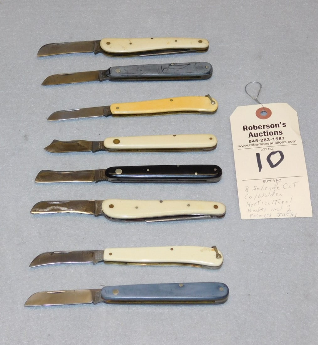 8 - Schrade Cutco & Walden Knives: 8 - Schrade Cutco & Walden Horticultural Knives incl. 2 Farmer's Jackknives in Gd. Cond. - All 4 "