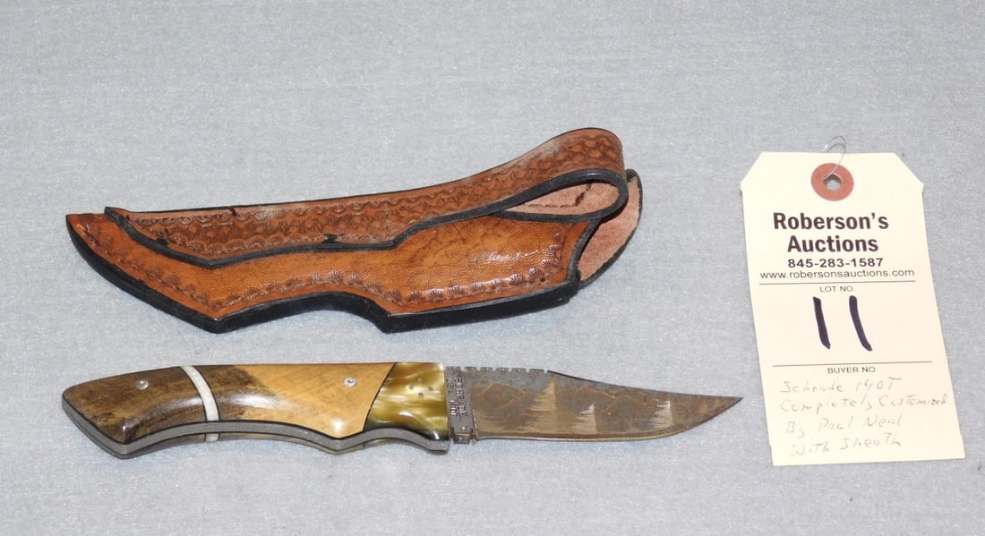 Schrade 140T Paul Neal Knife: Schrade 140T Paul Neal Knife w/Sheath - Completely Customized in Gd. Cond. - 9 1/2" w/Sheath