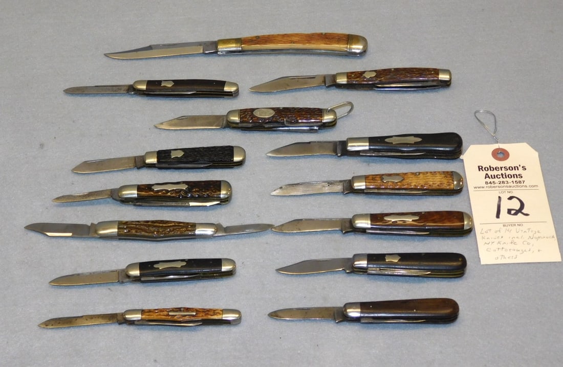 14 - Vintage Knives: 14 - Vintage Knives incl. Napanoch, NY Knife Co., Cattaragus & Others in Gd. Cond. - Case 6 x10 1/2