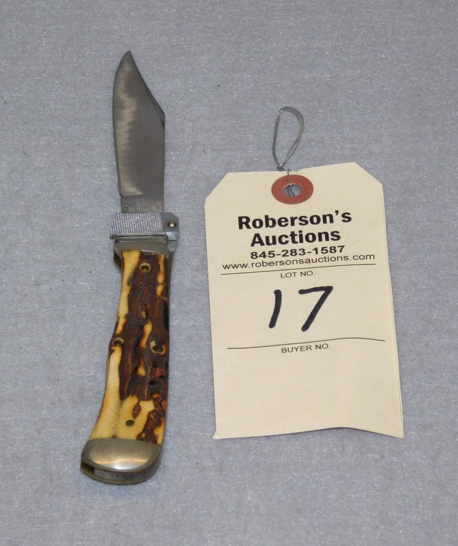Jaeger Bros. Marinette, Wis. Auto. Knife: Jaeger Bros. Marinette, Wis. Automatic Knife w/Stag Handles in VG Cond. - 4 5/8in.