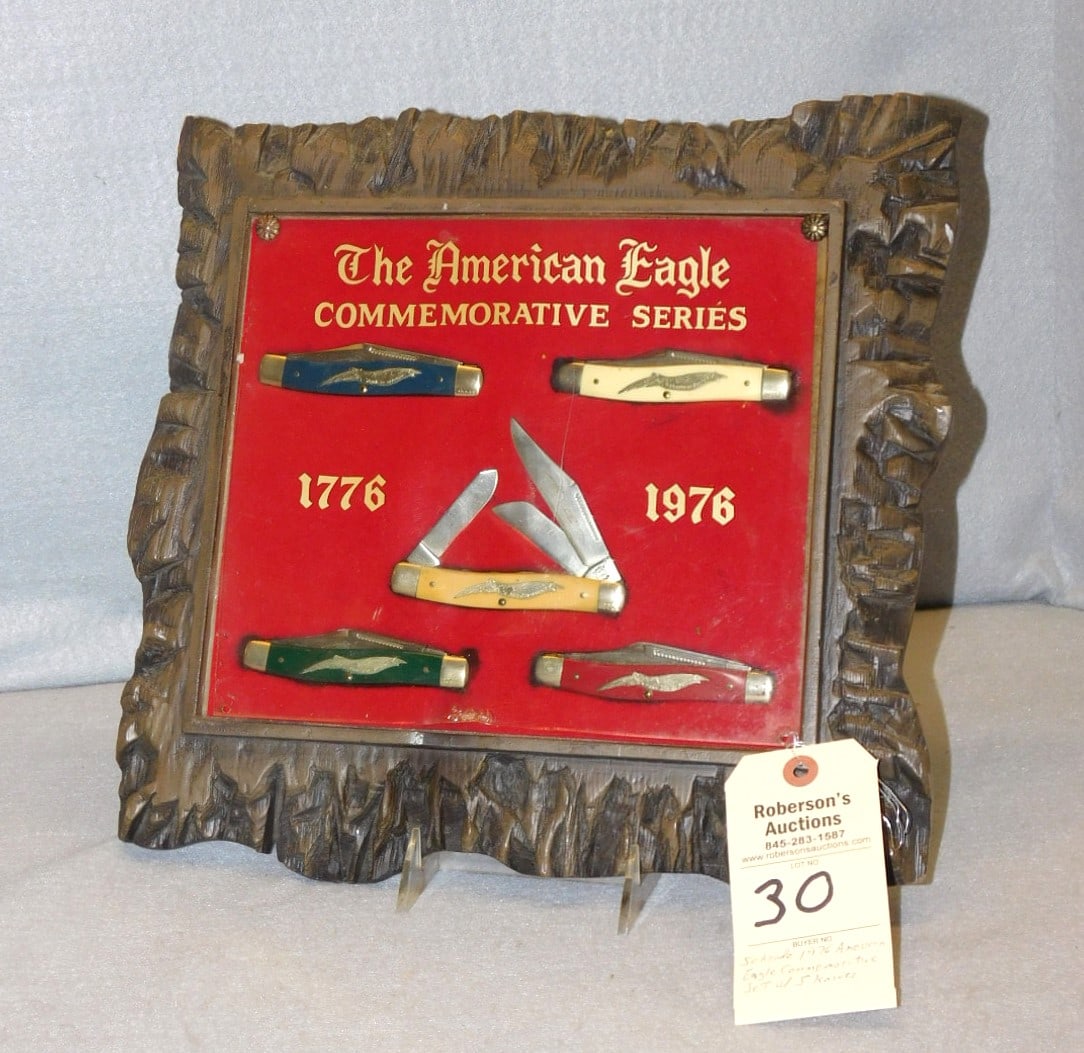 Schrade 1976 American Eagle Series Set: Schrade 1976 American Eagle Commemorative Series Set w/5 Original Knives - Plastic Clear Front Pc.Is Slightly Warped in Gd. Cond - 14x14x2"
