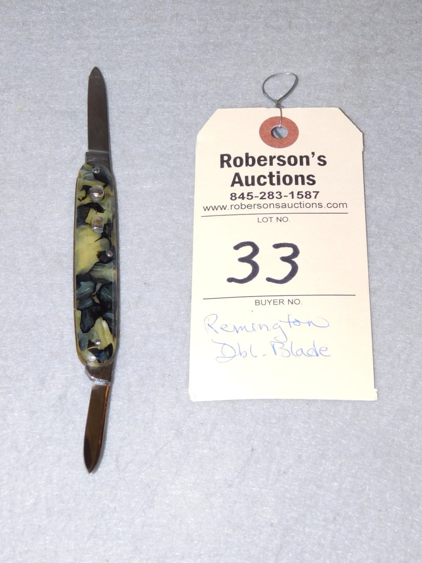 Remington 2 Blade Automatic Knife: Remington 2 Blade Automatic Knife w/Celluloid Hdls., Some Cracks at Pin Near Pen Blade on Pile Side in Orig. Finish on Blades, No Wobble - 3 3/8in. in VG Cond.