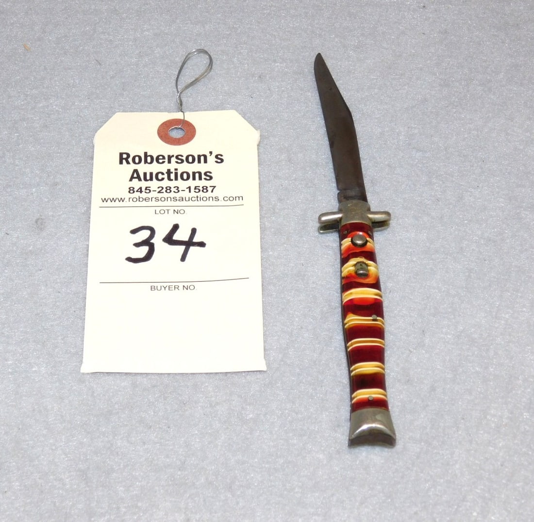 Remington Automatic Fishtail Knife: Remington Automatic Fishtail Knife w/ Guard, Candy Stripe w/Celluloid Hdls., Model R645 - 4" in VG Cond.
