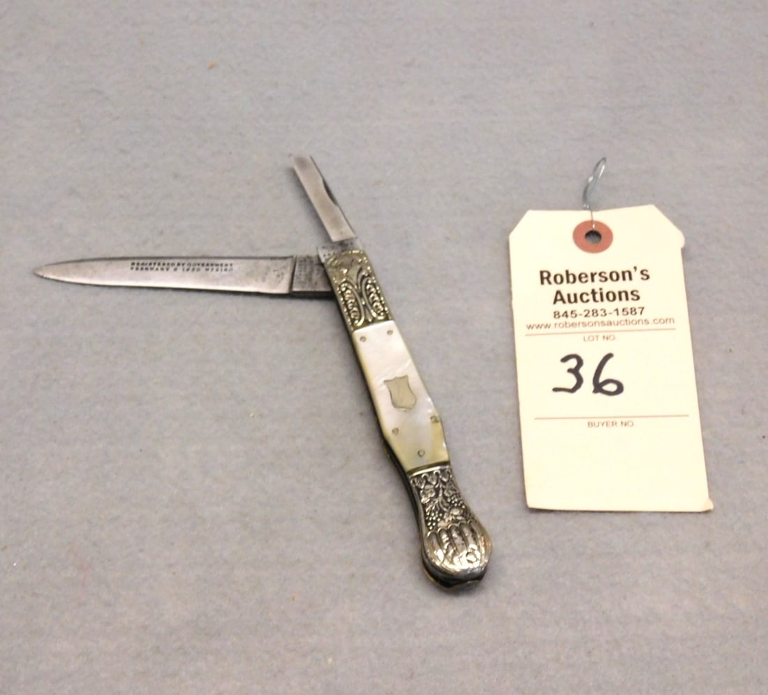 John Lingard Pea Croft Automatic Knife: John Lingard Pea Croft Automatic Knife w/Blade Release w/Pearl Hdls., Maier Blade is Released by Pressing Small Blade Down, 1850's - 5 1/8in. in VG Cond.