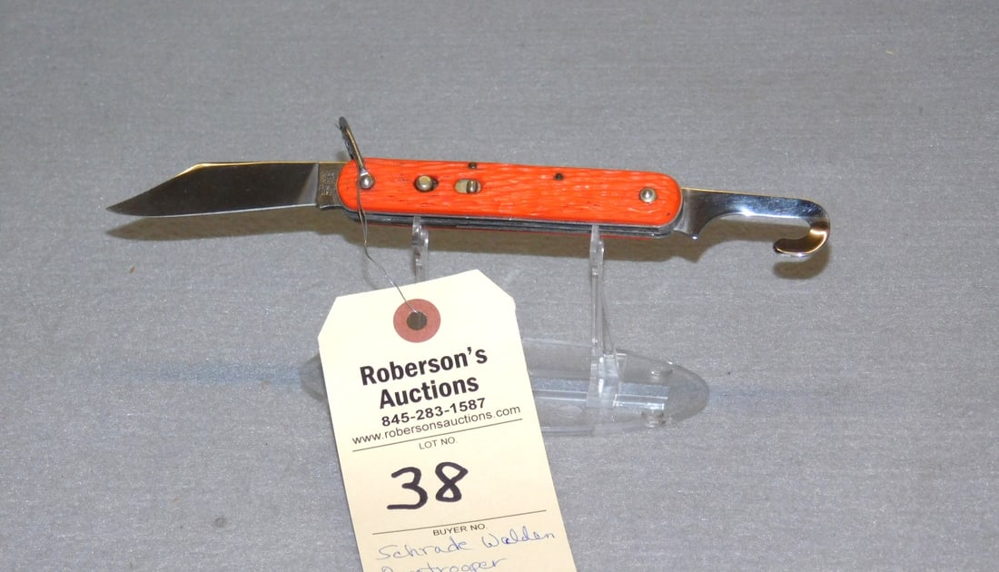 Schrade Walden Paratrooper Knife: Schrade Walden Paratrooper Knife 4 1/4" w/Shroud Cutter, Red Plastic Handle, Bit of Wobble in VG Cond.