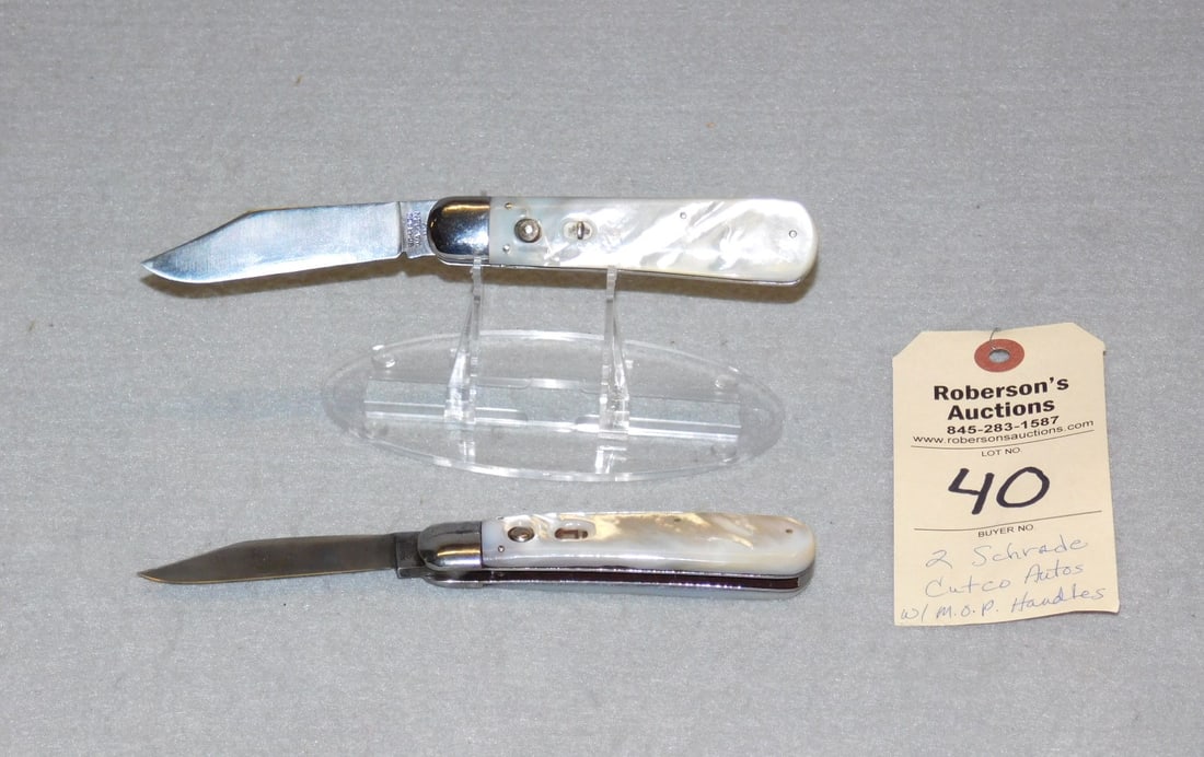 2 - Schrade M.O.P Automatic Knives: 2 - Schrade Mother of Pearl Automatic Knives: 1 - Schrade Cutco, Fires Well but Doesn't Stay Closed, Blade Peeks Slightly; 1- Schrade Walden, No Issues - 4 1/4" Ea. in VG Cond.