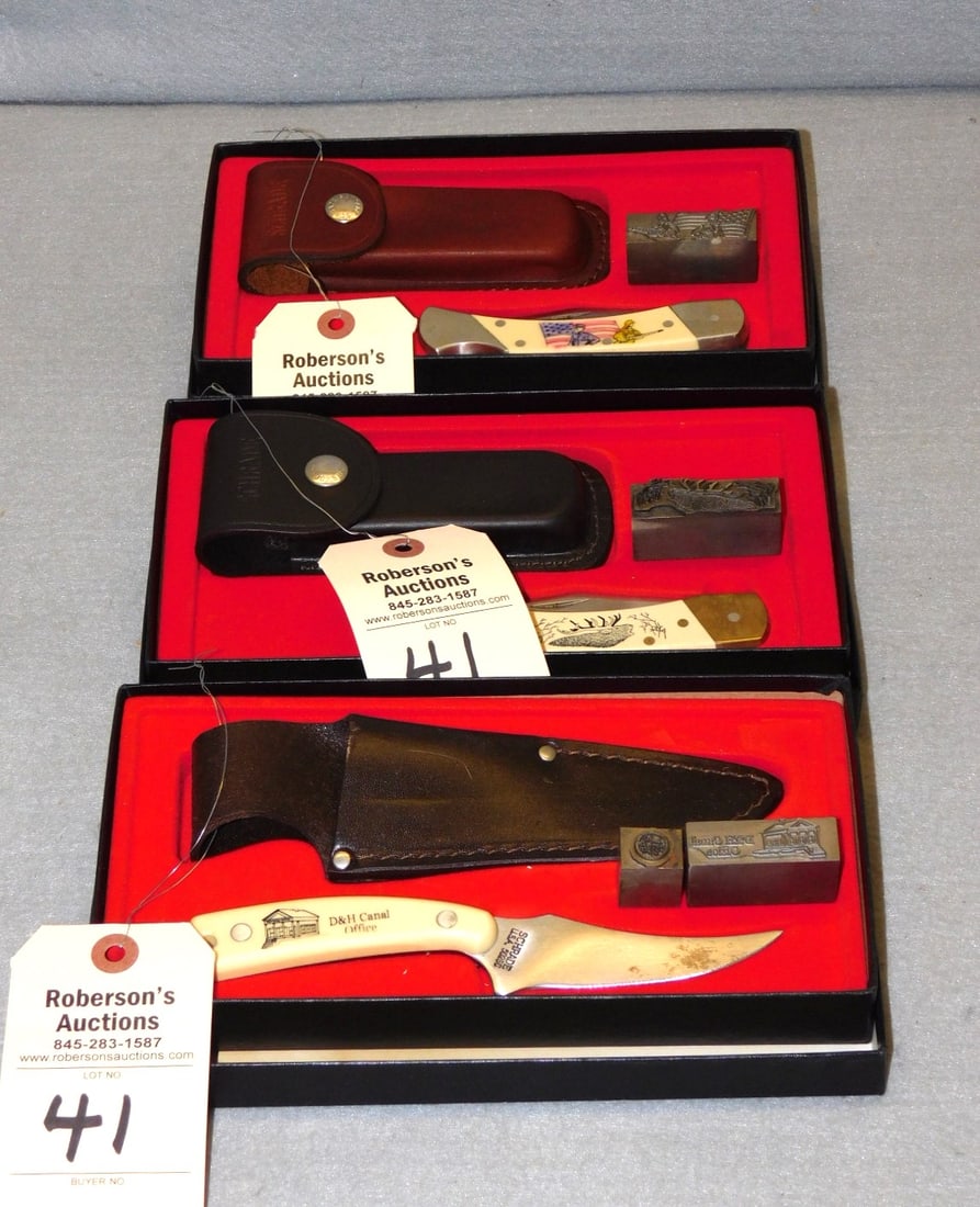3 - Schrade Scimshaw US Knives: 3 - Schrade Scimshaw US Knive in Original Boxes w/Sheaths - All 3 - 5 x 10" in VG Cond.