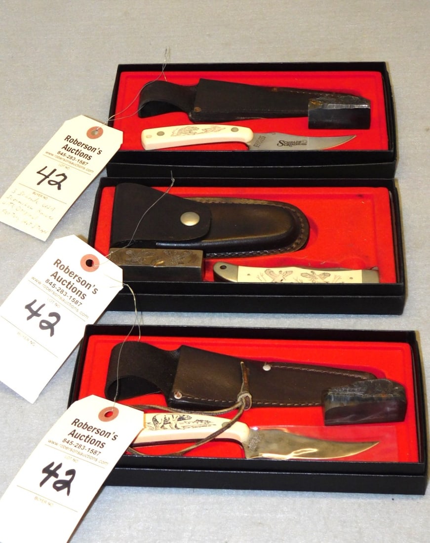 3 - Schrade Scimshaw US Knives: 3 - Schrade Scimshaw US Knives in Original Boxes w/Sheaths - All 3 Boxes - 1x5 x 10" in VG Cond.