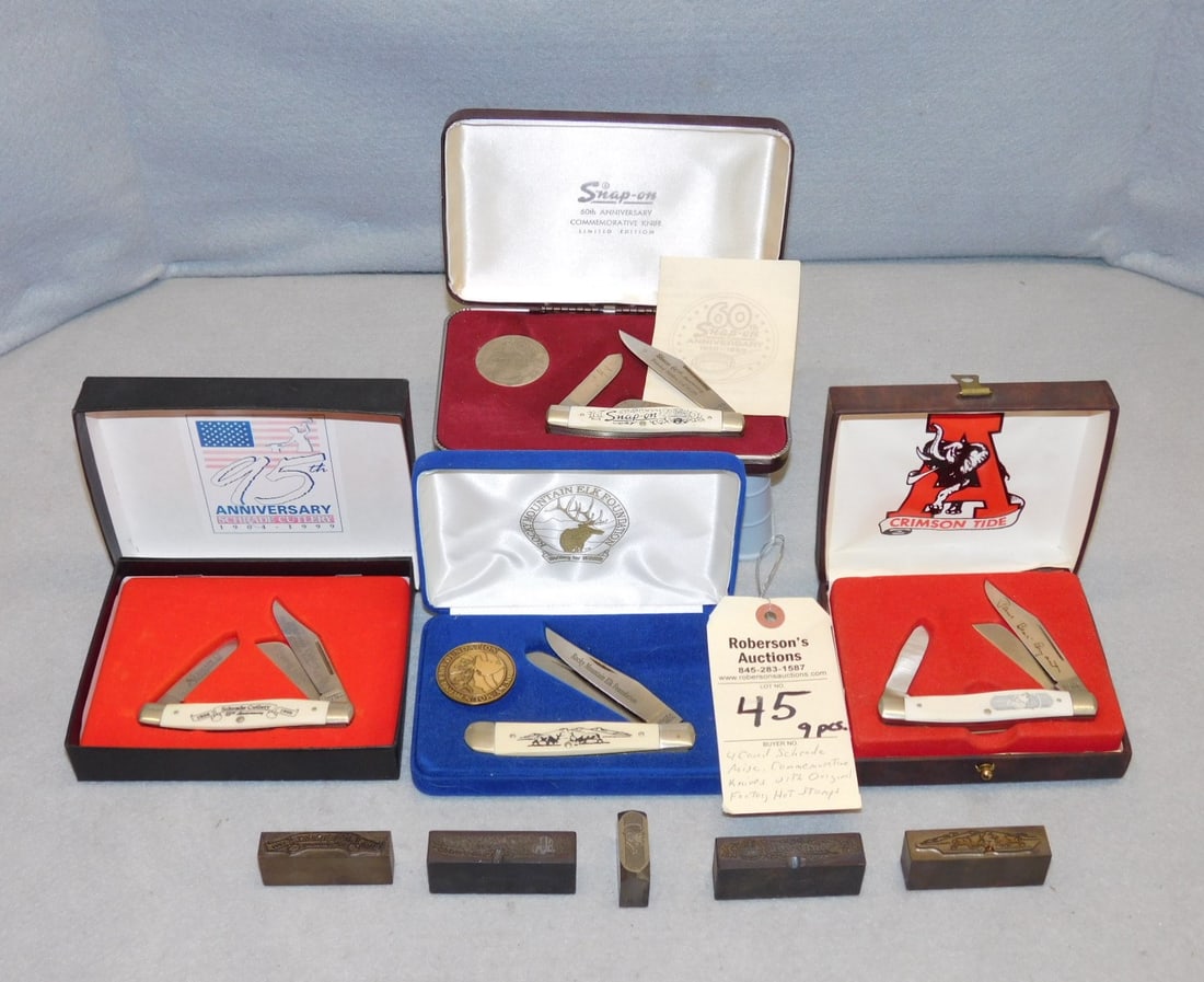 4 - Case Schrade Commemorative Knives: 4 - Case Schrade Commemorative Knives, All w/Factory Hot Stamps in Gd. Cond. - Ea. Case- 7x8x5"