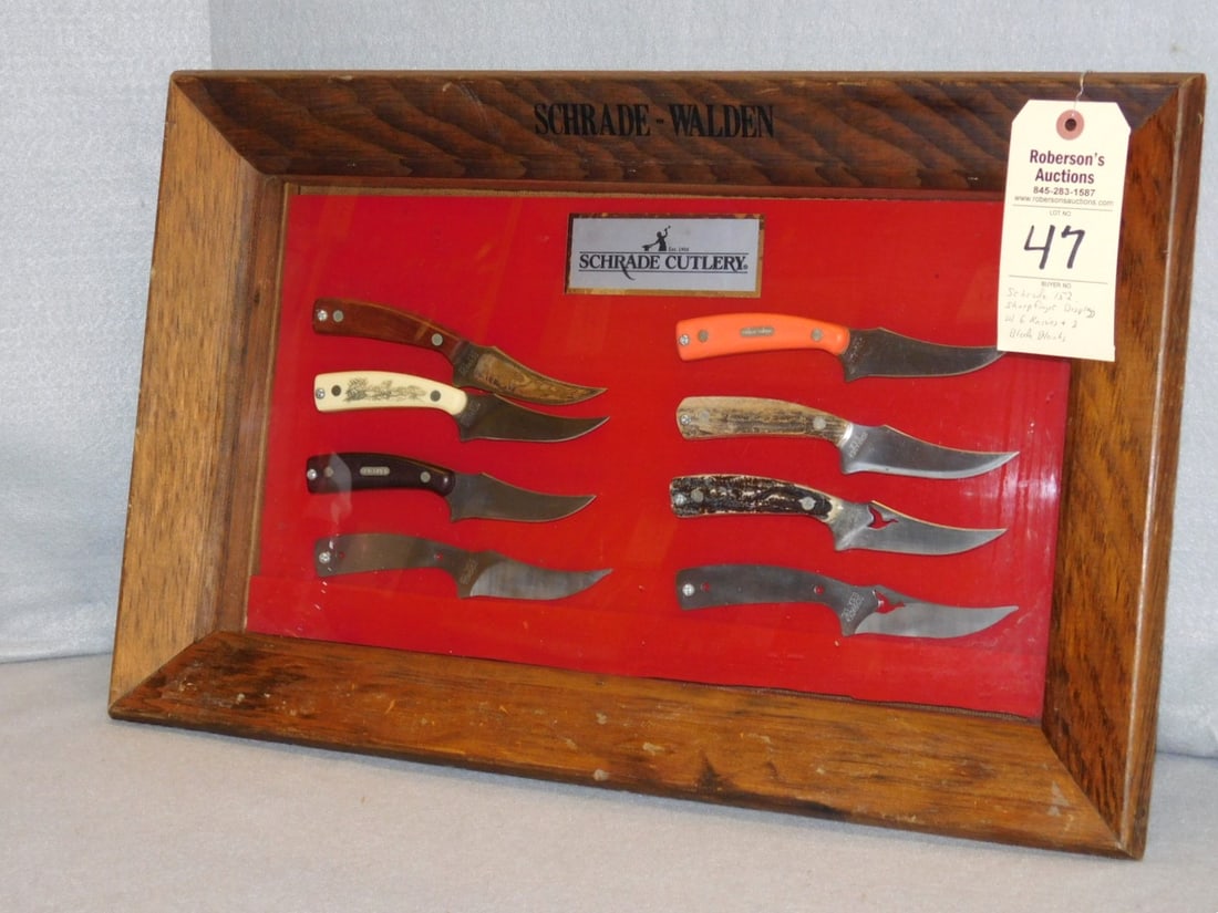 Schrade 152 Sharp Finger Display: Schrade 152 Sharp Finger Display w/6 Knives & 2 Blade Blanks in Gd. Cond. - Case 23x15x4"