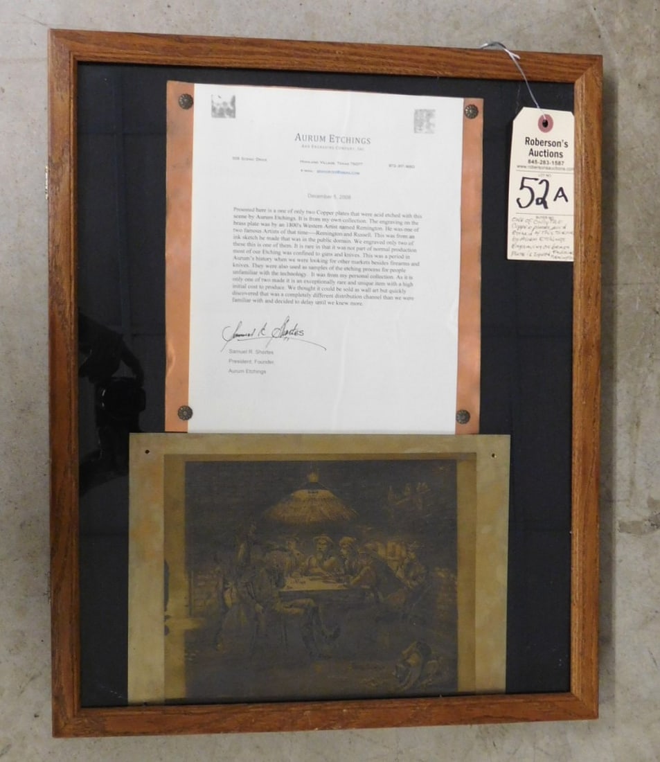 Arum Copper Plate by F. Remington: Arum Etchings Copper Plate Etching by F. Remington ( One of Only 2 Known) in VG Cond., Under Glass in Frame w/Letter - In Frame 21 1/2x17 1/4"; Etching Itself - 8 1/2 x 11 1/2