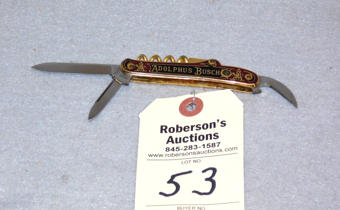 Schrade Walden Adolphus Busch Knife: Schrade Walden Adolphus Busch Bartender's Knife, Stanhope Lens, Enamel Handles, Stainless Blocks - 3 1/4" in VG Cond.